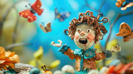Plasticine clown with flowers and butterflies on blue background. Selective focus.の素材
