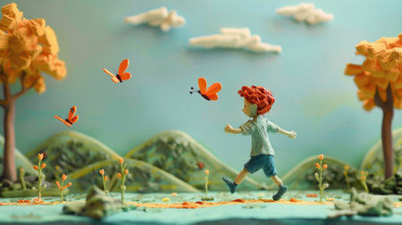 Miniature people: Happy children playing in the garden with butterfly.の素材