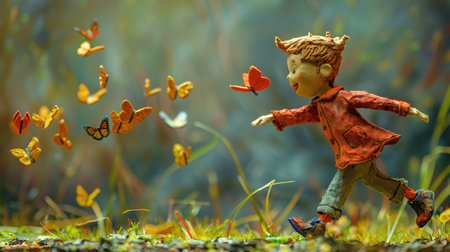 Little boy playing with butterflies in the autumn forest. Selective focus.の素材