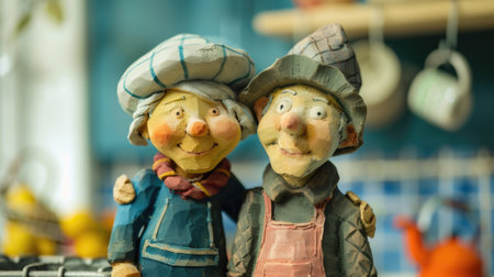 Ceramic figurines of a man and woman in the kitchenの素材