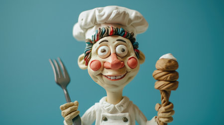 Clown with a knife and fork on a blue background. Concept of cooking.の素材