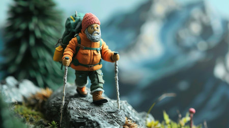 Lego traveler standing on a rock in the mountains.の素材