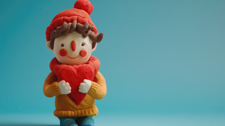 Snowman with red heart on blue background. Christmas and New Year concept.の素材