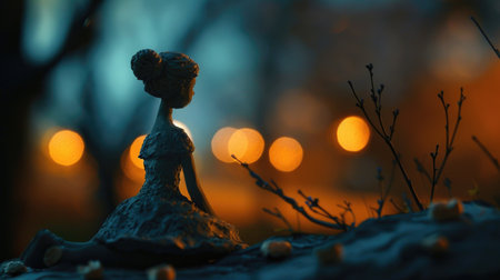 Figurine of a girl in a dark forest on the background of the setting sunの素材