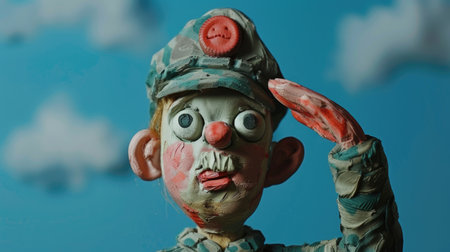 Clown with blood on his face on a background of blue skyの素材