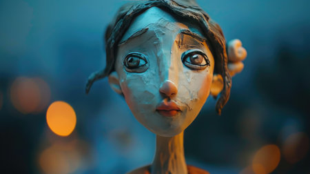 Statue of a girl with white paint on her face in the nightの素材