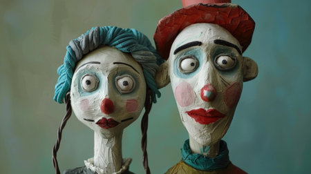 Clowns made of clay on the background of the wall.の素材