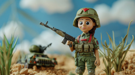 Plastic toy soldiers on the background of the field. Selective focus.の素材