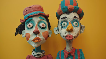 Clowns on a yellow background. Close up. Halloween.の素材