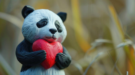 Close up of panda bear with red heart on nature background.の素材