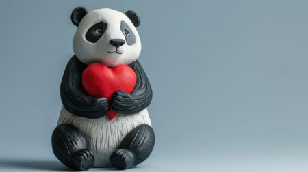 Panda doll with red heart on blue background. Valentine's day concept.の素材