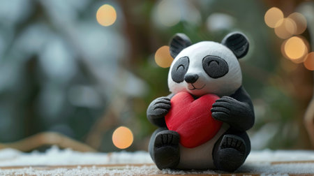 Cute panda bear with red heart on wooden table in winterの素材