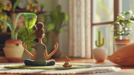 Yoga meditation in the living room. The concept of healthy lifestyle.の素材