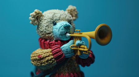 Teddy bear playing the trumpet on a blue background close-upの素材
