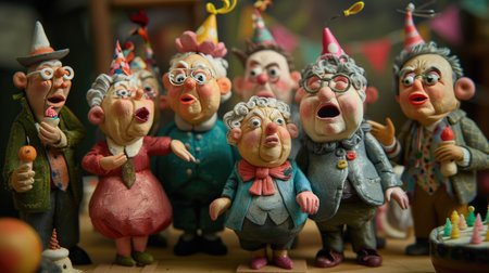 Ceramic figurines of clowns on a wooden background.の素材