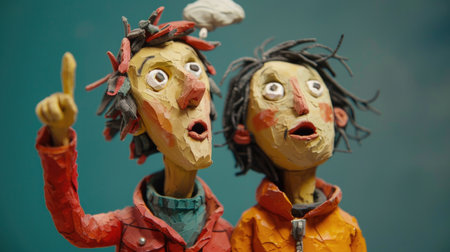 Close-up of two wooden figures with different emotions on a green backgroundの素材