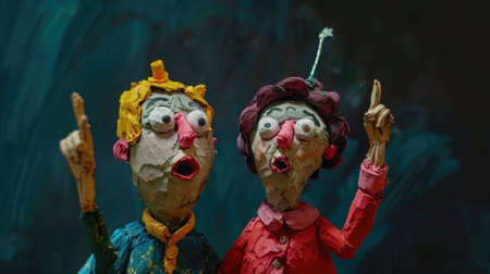 Two clay clowns in a row on a dark background, close-upの素材