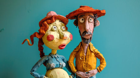 Close-up of a pair of puppets in the form of clownsの素材