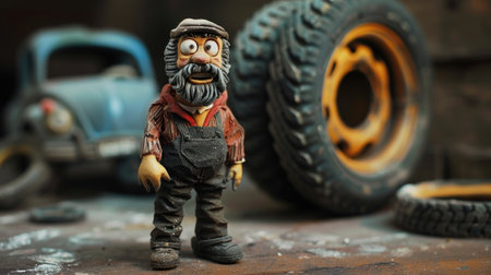 toy figure of a man with a beard on a background of old tiresの素材