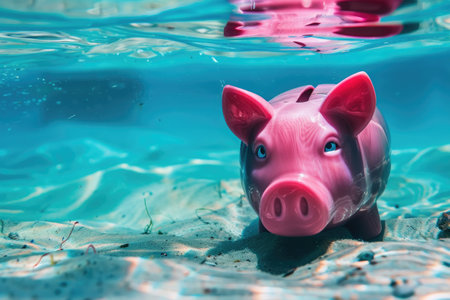 Piggy bank in the swimming pool on a sunny day.の素材