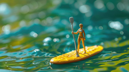 Miniature people stand on a stand up paddle board with water background.の素材