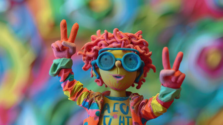 Colorful plastic doll with v-signs in front of colorful backgroundの素材