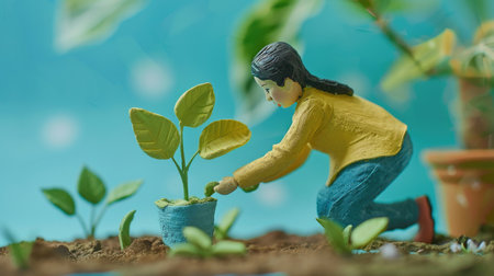 Little girl planting seedlings in the ground. Selective focus.の素材