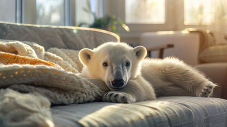 Polar bear lies on a sofa in the living room at sunsetの素材