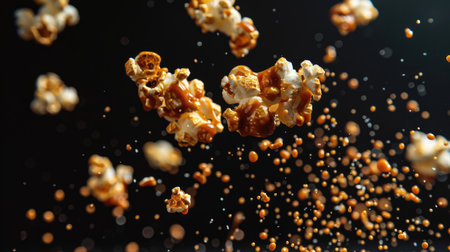 Popcorn falling into the air on a black background. Motion.の素材