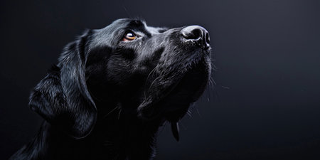Portrait of a black labrador retriever on a black backgroundの素材