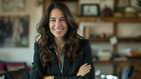 Portrait of smiling businesswoman looking at camera with crossed arms in officeの素材