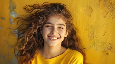 Portrait of a beautiful young girl with long curly hair in a yellow T-shirt.の素材