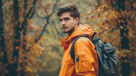 Handsome young man with backpack hiking in autumn forest. Travel and adventure concept.の素材