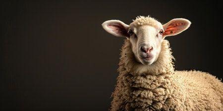 Closeup of a sheep on a black background with copy space.の素材