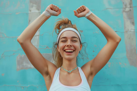 Cheerful young woman in a white T-shirt and a pink headband rejoices on the background of a blue wallの素材
