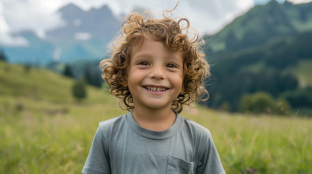 Portrait of a cute little boy with curly hair in the mountainsの素材
