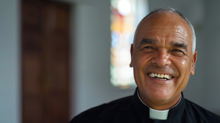 Portrait of a smiling senior man in a Catholic church.の素材