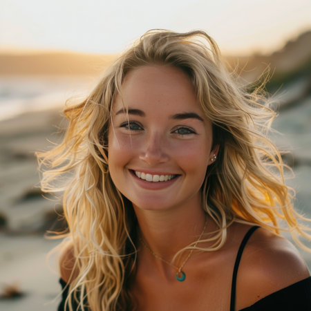 Beautiful blonde girl on the beach at sunset. Portrait.の素材