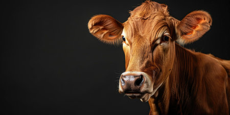 Portrait of a brown cow on a black background with copy spaceの素材