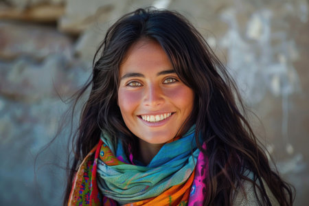 Portrait of a beautiful young brunette woman with a colorful scarfの素材