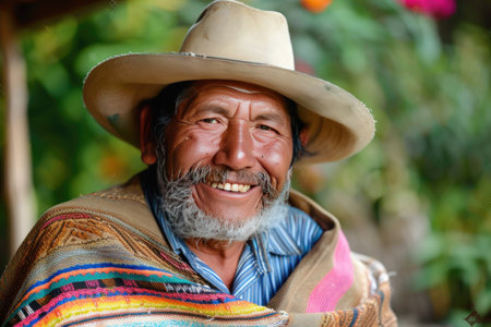 Old man with a white beard in a colorful poncho and a hatの素材