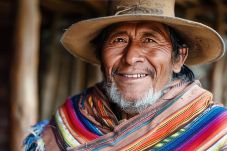 Portrait of an old man wearing a hat and colorful ponchoの素材
