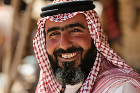 Arabic man with beard and moustache in traditional clothes smilingの素材