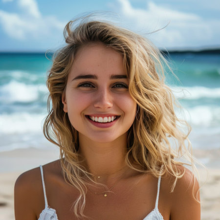 Portrait of a beautiful young woman with blond hair on the beachの素材