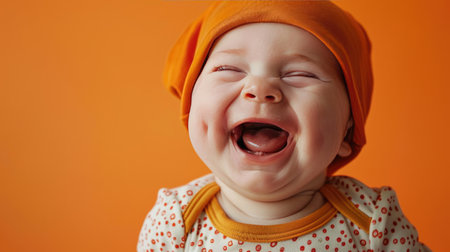 Closeup portrait of a cute baby girl laughing on orange background.の素材