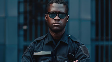 african american police officer in sunglasses looking at camera in cityの素材