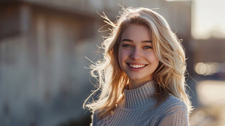 Portrait of a beautiful young woman with blond hair in a gray sweaterの素材