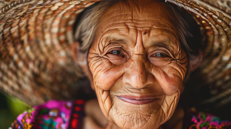Close-up portrait of an elderly woman in a straw hat.の素材