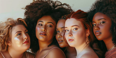 Group of multiethnic women with afro hairstyle posing togetherの素材
