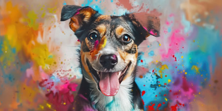 Portrait of a cute mixed breed dog with colorful splashes on the background.の素材